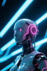 A futuristic robot with neon lights in a high-tech, cyber-themed environment.