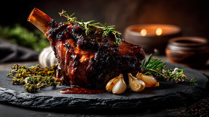 Indulge in tender braised lamb shank with savory glaze, garlic, and thyme herbs