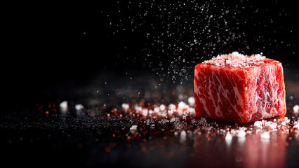Elevated culinary experience salt falling onto raw wagyu beef on black background