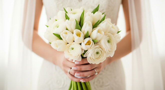 A hyper-realistic, high-detail close-up photograph of a bride's hands gently holding a gorgeous wedding bouquet filled with white Tulips, white Ranunculus.