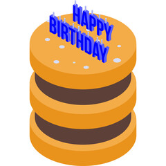 Three Layered Round Birthday Cake with Orange Frosting and Blue Candles Spelling Happy Birthday With A Transparent Background In Isometric View