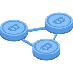 Three interconnected blue cryptocurrency coins forming a network in isometric 3D style with a transparent background