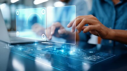 Person operates advanced virtual interface with holographic elements, symbolizing digital transformation, innovation. Cutting edge technology, futuristic workspace inspire creativity, progress - Powered by Adobe