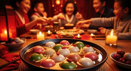 Colorful sweet Tangyuan, sticky rice balls, float in warm soup. A joyful Asian family eats, sharing delicious dumplings for Dongzhi Winter Solstice.