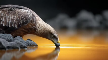 Golden Eagle Drinking Water on a Golden Lake Shows the Demeanor of a King