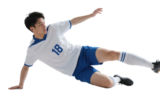 A male soccer player in white and blue uniform is executing a sliding tackle, showcasing athleticism and sportsmanship.