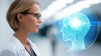 A woman in a white coat and glasses studies a glowing digital brain interface, representing AI and neural networks. The scene highlights advanced medical technology and scientific progress - Powered by Adobe