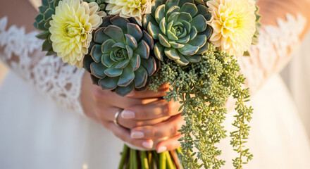 A hyper-realistic, high-detail close-up photograph of a bride's hands gently holding a gorgeous wedding bouquet filled with Large Succulents, cream Dahlias, trailing Sedum