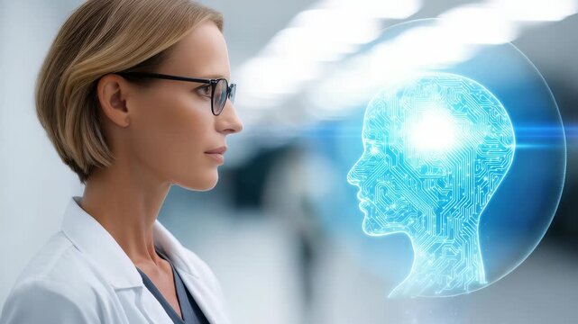 A woman in a white coat and glasses studies a glowing digital brain interface, representing AI and neural networks. The scene highlights advanced medical technology and scientific progress