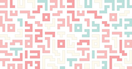 Abstract geometric seamless pattern with pastel pink, blue, and cream blocky shapes on a white background.