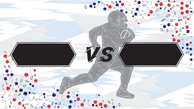 Outline American Football Player VS Battle Template for Sport Tournament Background. Dynamic Gray Runner Silhouette with Hexagon Text Boxes on Abstract Light Pattern