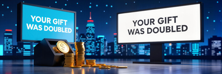 Animated coin stack entering virtual donation slot on digital billboard, set against stylized city night scene, Giving Tuesday concept.