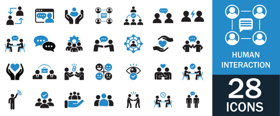 Set of Human Interaction Icons. communication, teamwork, people, connection, networking, discussion, agreement, partnership, support, community and more. vector style with white background