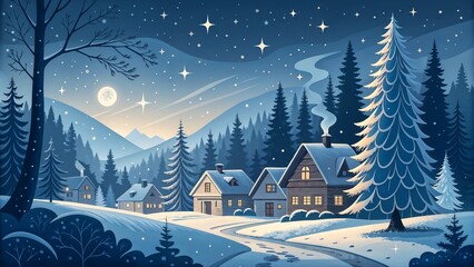 Fototapeta premium Snowy Mountain Village at Night with Cozy Houses, Pine Trees, and Moonlit Winter Landscape Background