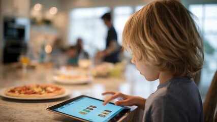 A boy interacts with a touchscreen tablet in a bright kitchen, engaging with a colorful learning application. The scene highlights digital learning and family life in a contemporary setting - Powered by Adobe