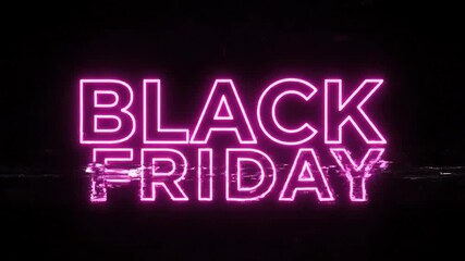 Black Friday neon text animation on a dark background. Glowing purple sign for holiday shopping advertisement.