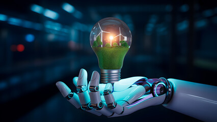 Futuristic robotic hand presents sustainable energy solution with windmills in a light bulb