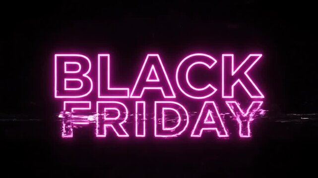Black Friday neon text animation on a dark background. Glowing purple sign for holiday shopping advertisement. - Powered by Adobe