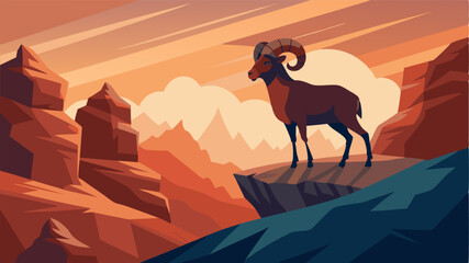 Naklejka premium A lone bighorn sheep navigates the steep incline of the desert plateau its hooves effortlessly scaling the rocky terrain. The distant silhouette of a coyote adds to the feeling of