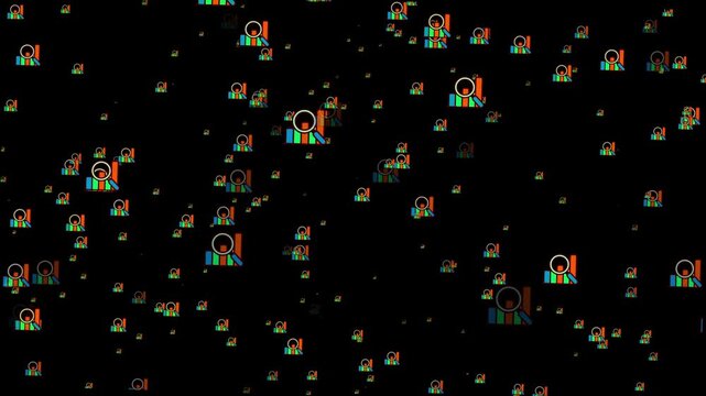 User Icons and Magnifying Glass Icons on Black Background. Business grow charts with random premium research particles 4k animation.