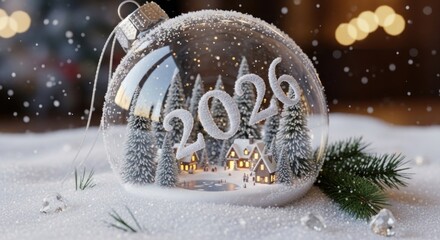 A snow globe depicts a winter scene with the year 2026 inside, festive and charming