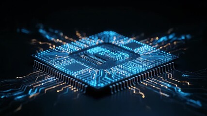 Blue microchip with glowing data streams on a dark background. Digital central processing unit with illuminated circuit board. Computer technology concept footage. - Powered by Adobe