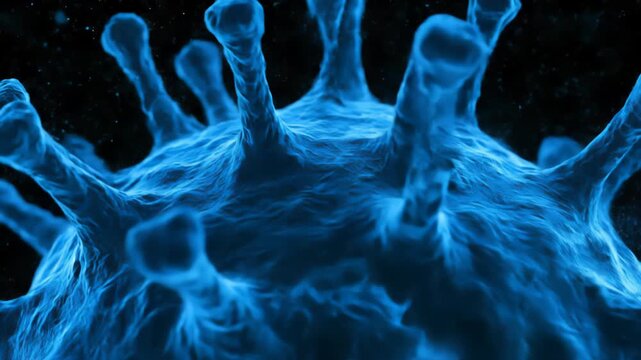 A close-up, three-dimensional rendering of a blue biological particle resembling a virus, with distinct spikey protrusions extending outwards against a dark, speckled background.