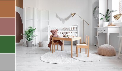 Interior of light children's room with crib, tables, chairs, shelving unit and floor lamp. Different color patterns
