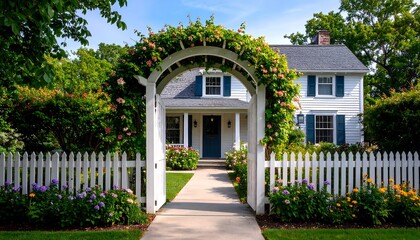 A charming, white house with a vibrant garden
