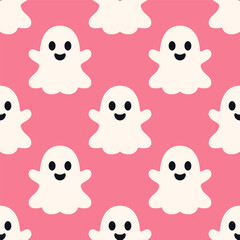 Seamless Halloween pattern with cute white ghosts on a pink background. Fun, playful spooky design for kids, wrapping paper, textile, print packaging, wallpaper, fabric, festive decor. Flat vector.