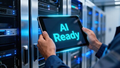 A worker holds a tablet showing "AI Ready" in a futuristic data center with illuminated server racks.