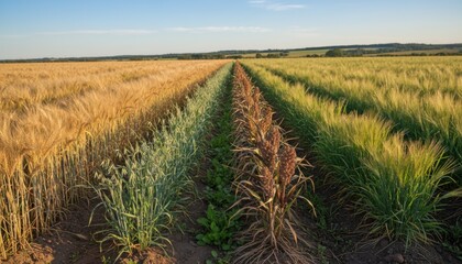 Closeup medium shot of diverse cereal crops growing in alternating rows demonstrating crop rotation benefits in controlling pests and enhancing soil fertility.