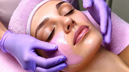 Serene Beauty Treatment: A relaxed face during a soothing facial. Soft gloves tenderly administer a revitalizing mask. Serenity and rejuvenation.
