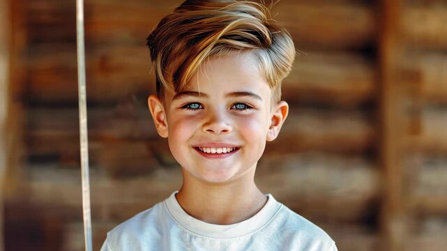 Joyful Youth's Smile: A cheerful young boy, showcasing his charming smile and captivating eyes, radiates pure joy and innocence. Capturing the essence of childhood happiness and the innocence