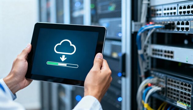 IT specialist holding a tablet with a cloud download screen in front of blinking server racks. - Powered by Adobe