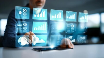 Professional uses advanced touchscreen interface to analyze graphs, charts, statistics for business growth. Innovative digital tools empower data driven strategies, efficient workflow optimization - Powered by Adobe