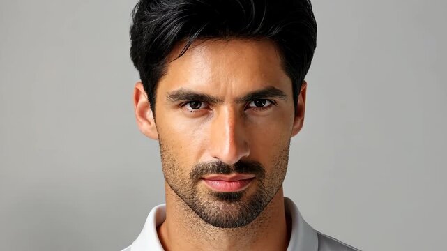 Confident Man's Portrait: A close-up studio portrait showcases a handsome man with a strong gaze, conveying confidence, intelligence, and a hint of mystery. 