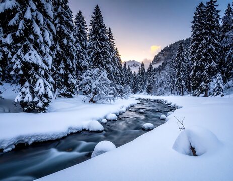 Snowy winter stream in a mountain valley