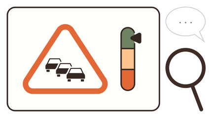 Traffic warning triangle with cars, alert level gauge, speech bubble, and magnifying glass. Ideal for transportation, safety, road management, navigation, data analysis urban planning simple flat