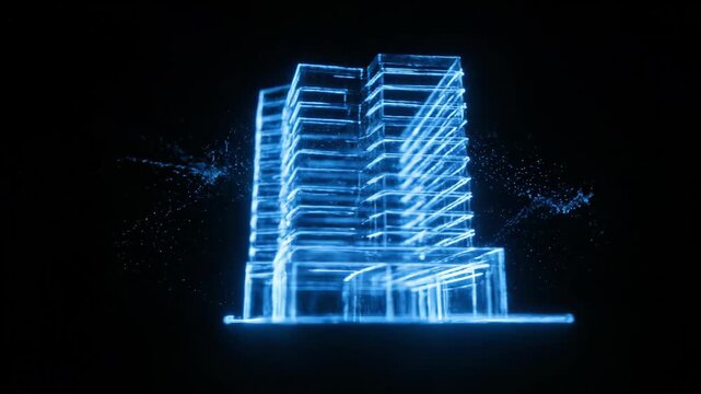 Architectural building wireframe hologram on black background with abstract particles, modern smart city construction and development animation