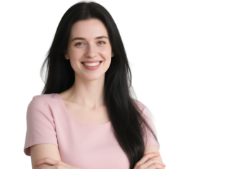 A woman with long black hair is smiling, wearing a pink top, presenting a pleasant and confident appearance.