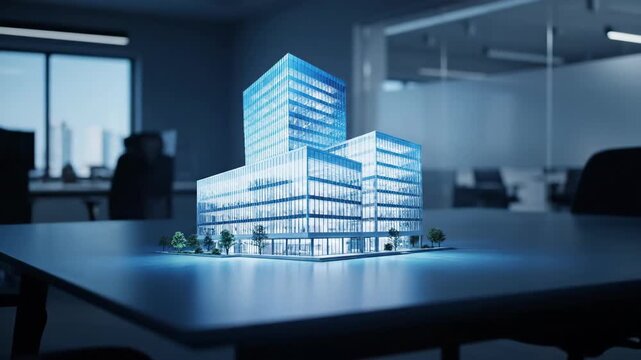 Modern building structures on office desk. Architectural model of business center. Urban development and real estate investment concept footage.