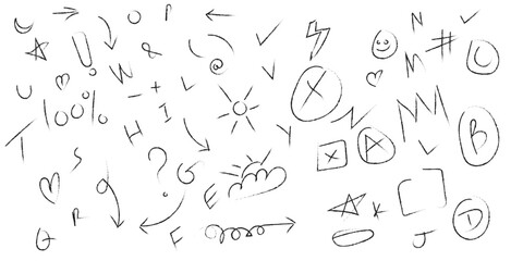 Large Collection of Hand Drawn Doodle Elements and Symbols, Sketch Arrows, Letters, Numbers, and Marker Shapes Set on a White Background