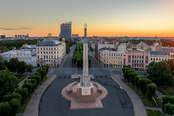 Birds eye view of the old city of Riga and statue of liberty - Milda.