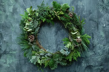 Minimalist Green Christmas Wreath with Pinecones