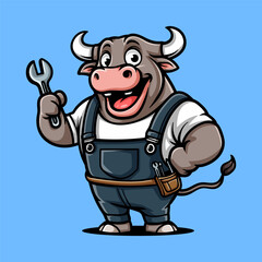 fun bull technician worker cartoon character isolated drawing line style sketch classic vintage design illustration