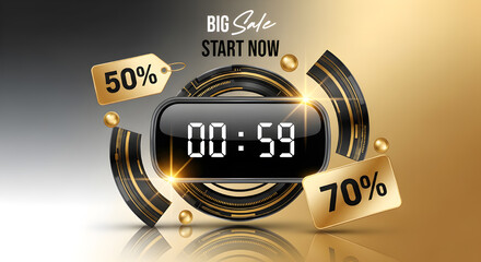 Digital timer showing fifty nine seconds with sale tags and golden spheres on gold background