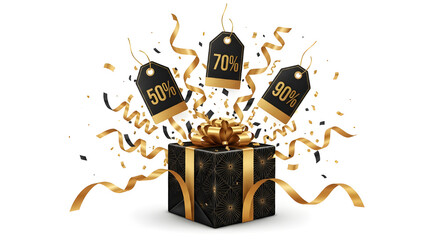 A black and gold gift box with sale tags and confetti on a white background for a sale promotion