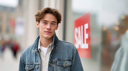 Casual style and fashion: young man in denim jacket passing storefront with sale sign