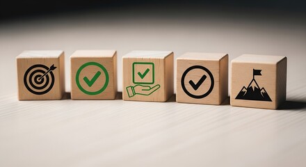 Wooden Blocks with Goal and Success Icons — Minimalist Symbols of Achievement, Validation, and Responsibility